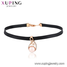 44450 xuping fashionable 18k gold plated special design ring shaped pearl decoration pendant leather choker necklace